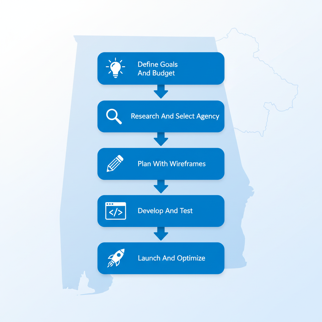 Vertical process flow diagram showing five steps to launch a web project in Alabama with icons and labels.