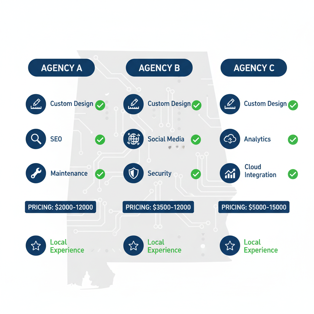 Infographic comparing key metrics of web design agencies in Huntsville, Alabama