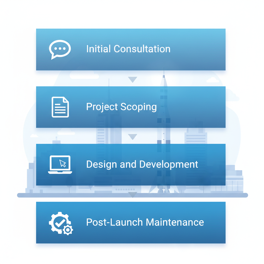 Vertical process flow diagram showing five steps to launch a Huntsville website with icons and brief labels.
