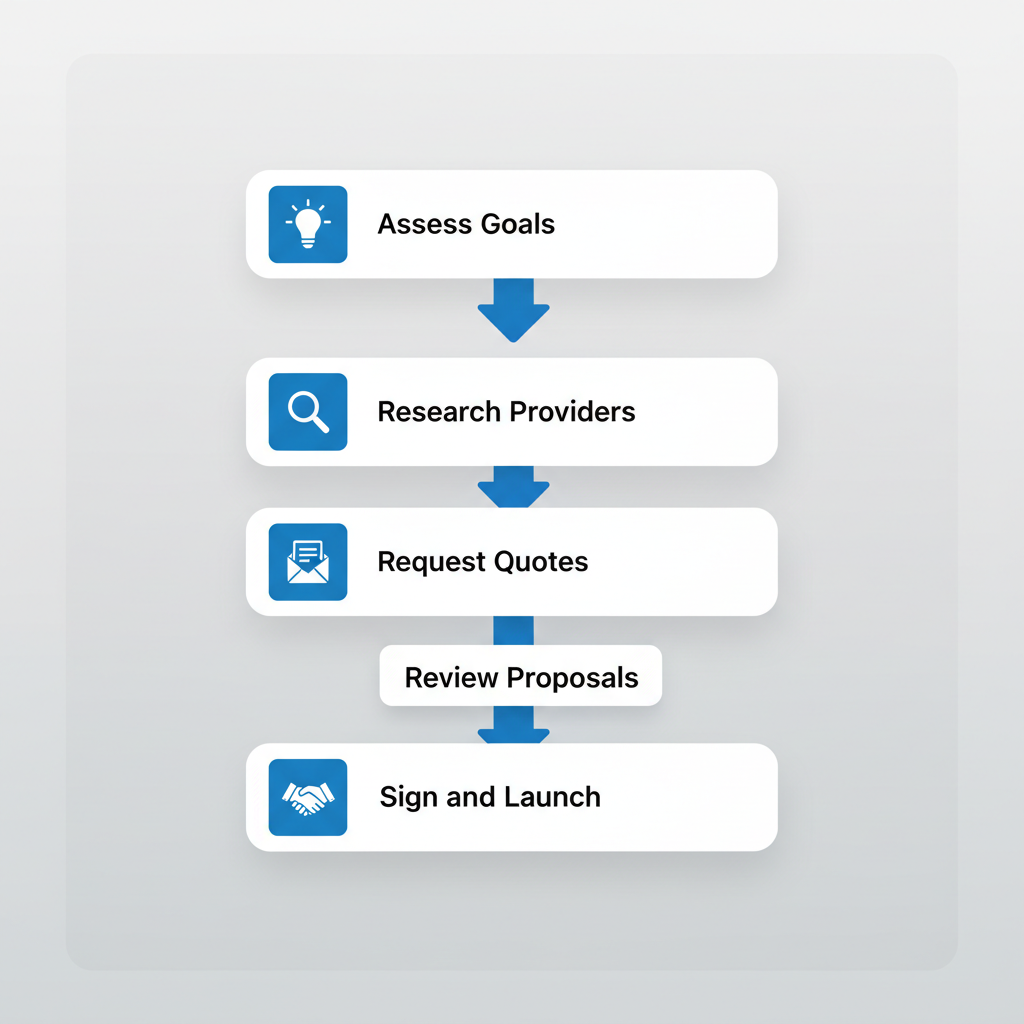 Vertical process flow diagram illustrating five steps to start web design in Decatur with icons and labels.