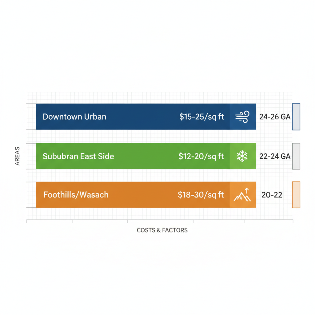 Bar chart comparing commercial metal roofing installation costs, gauges, and climate factors across Salt Lake City areas.