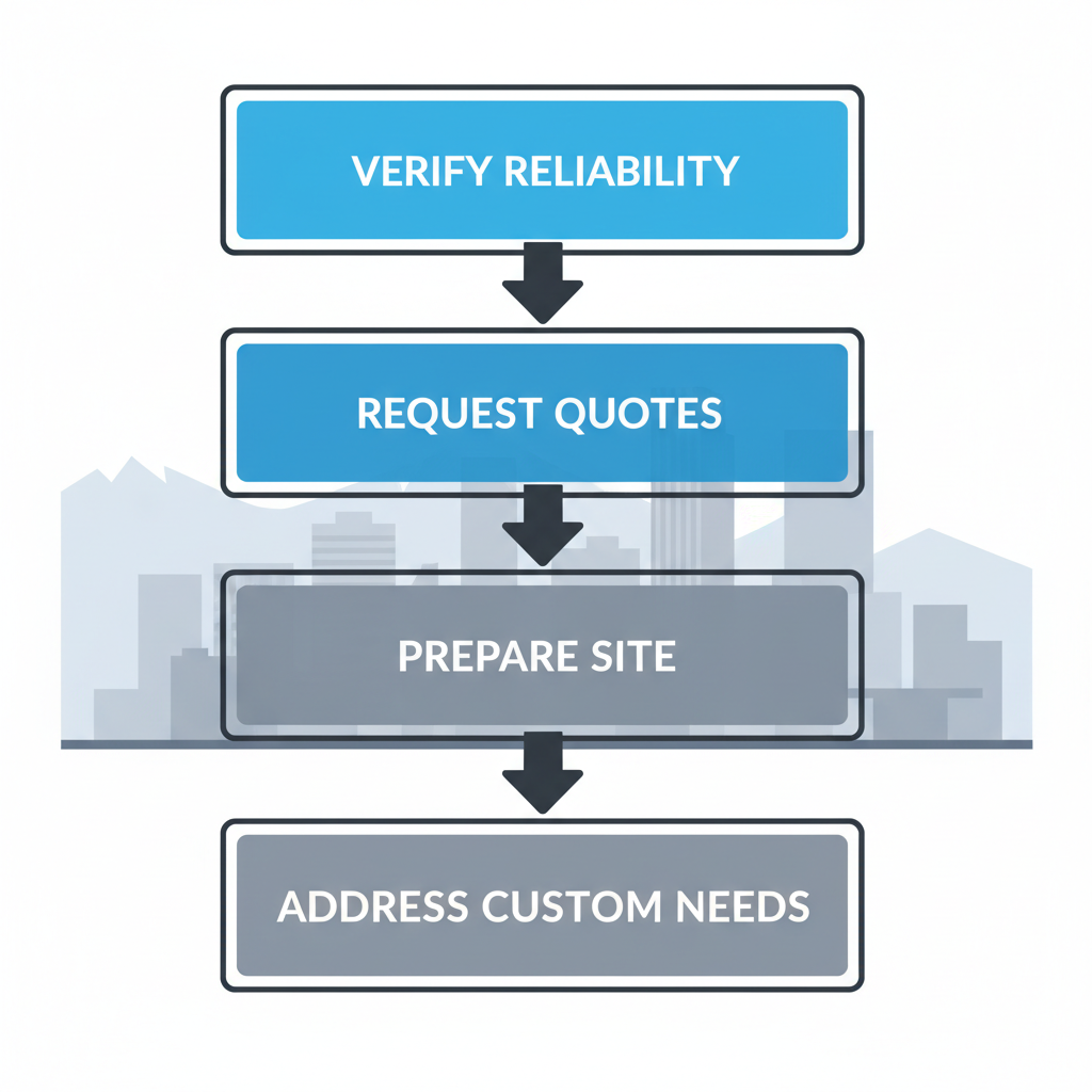 Vertical process flow diagram showing four steps for starting a commercial metal roofing project: verify reliability, request quotes, prepare site, address custom needs