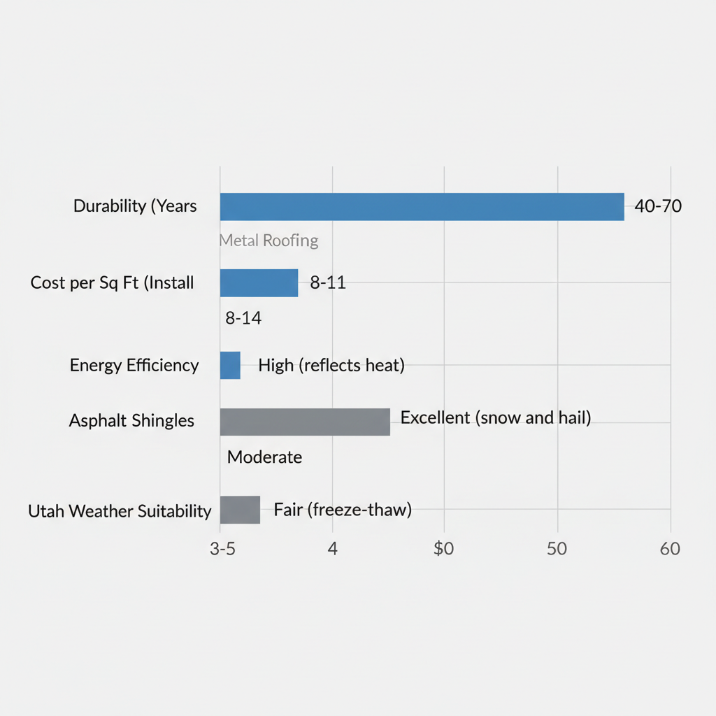 Bar chart comparing metal roofing and asphalt shingles in Utah by durability, cost, energy efficiency, and weather suitability