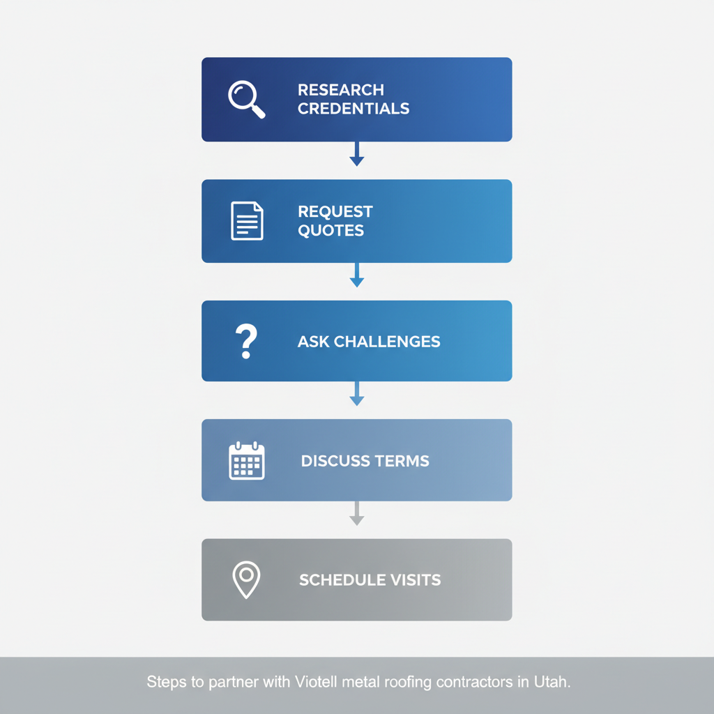 Vertical process flow diagram showing five steps to partner with metal roofing contractors in Utah, with icons and minimal labels.