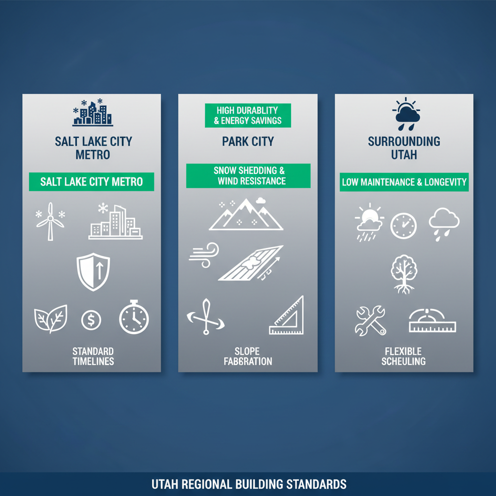 Infographic comparing metal roofing benefits and adaptations in Salt Lake City metro, Park City, and surrounding Utah regions with climate icons and key features.