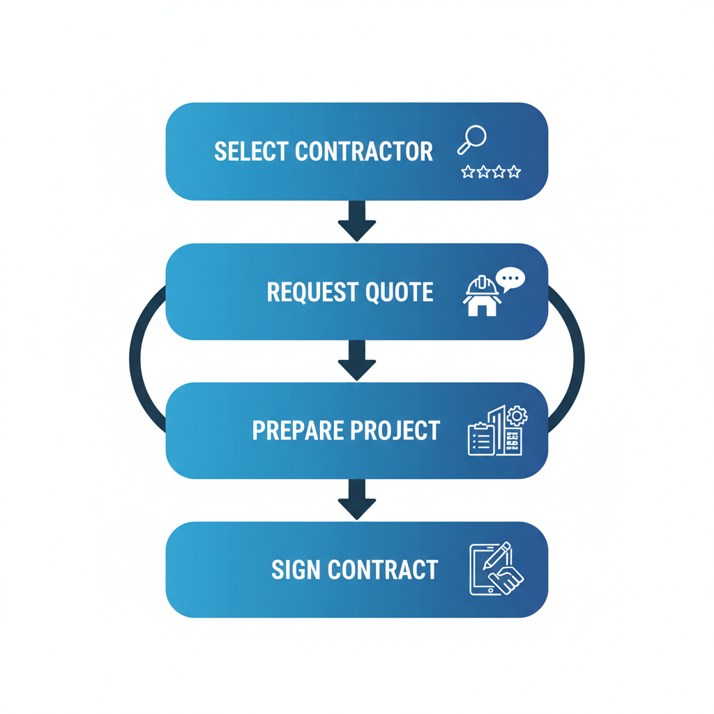 Vertical process flow diagram outlining four steps to start a metal roofing project in Salt Lake City, featuring icons for contractor selection, quote request, project preparation, and contract signing.