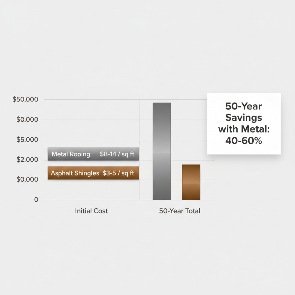 Bar chart showing cost comparison between metal roofing and asphalt shingles for initial and long-term expenses