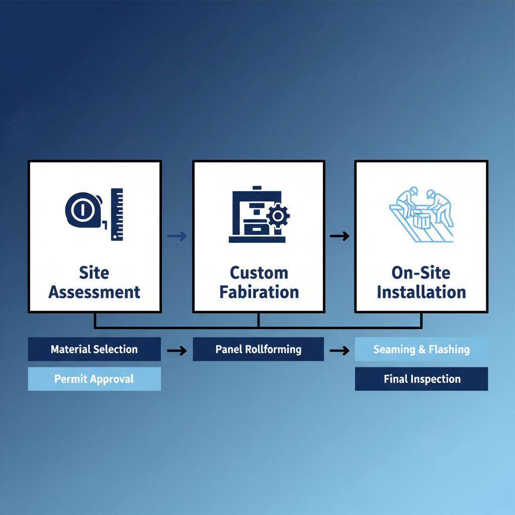Horizontal process flow diagram illustrating the three key steps in professional metal roof installation: site assessment, custom panel fabrication, and on-site installation with relevant icons.