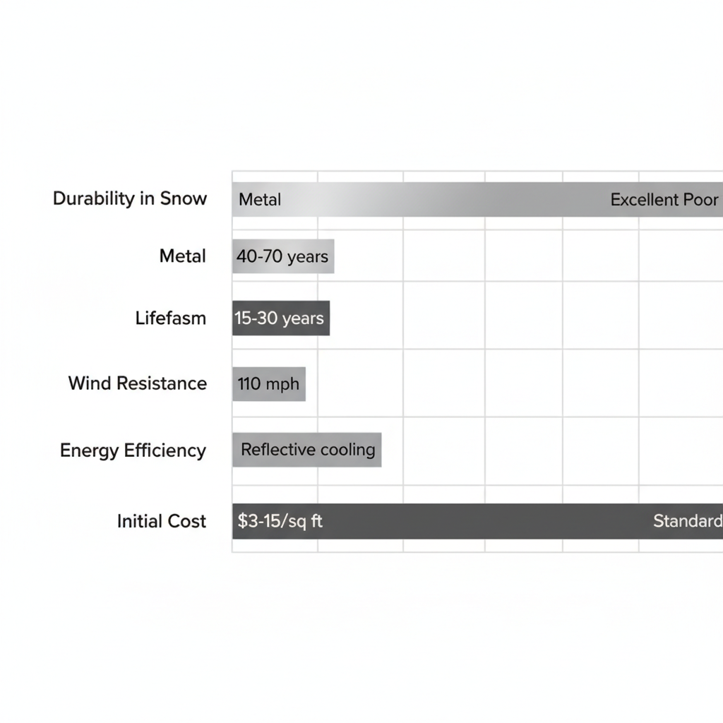 Horizontal bar chart comparing metal roofing and asphalt shingles performance in Park City climate across durability, lifespan, wind resistance, energy efficiency, and cost.