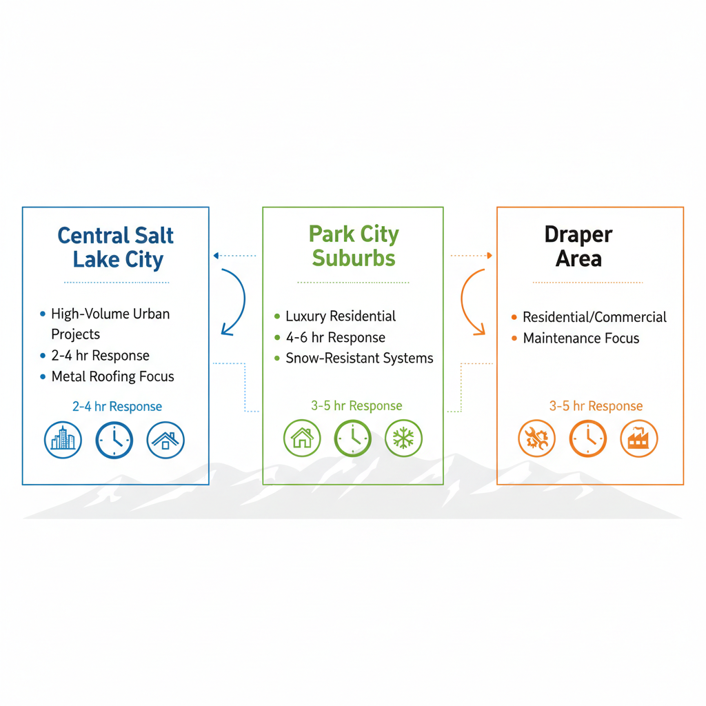 Infographic comparing sheet metal services in Central Salt Lake City, Park City Suburbs, and Draper Area with icons for response times and specializations.