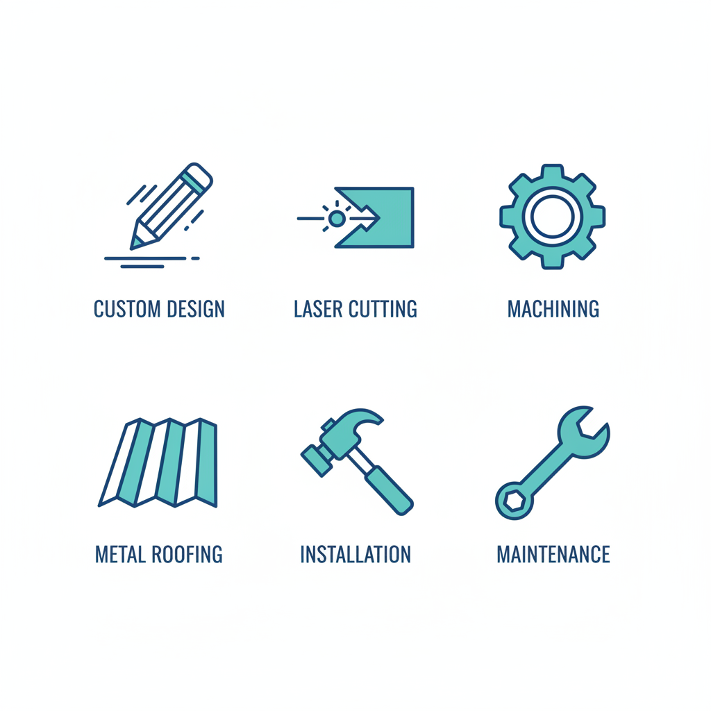 Grid of icons illustrating custom metal roofing services: design, cutting, machining, fabrication, installation, and maintenance