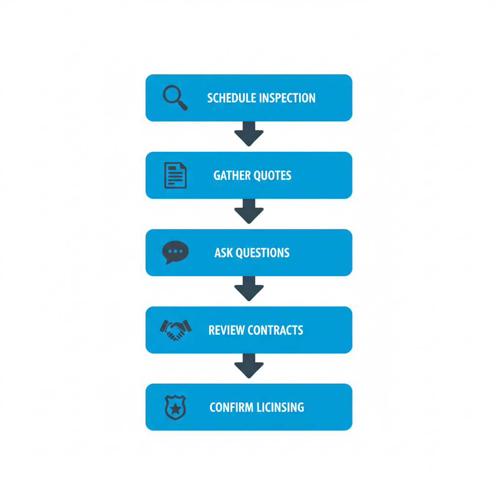 Vertical process flow diagram showing five steps to hire a roofing contractor in Park City: schedule inspection, gather quotes, ask key questions, review contracts, confirm licensing.