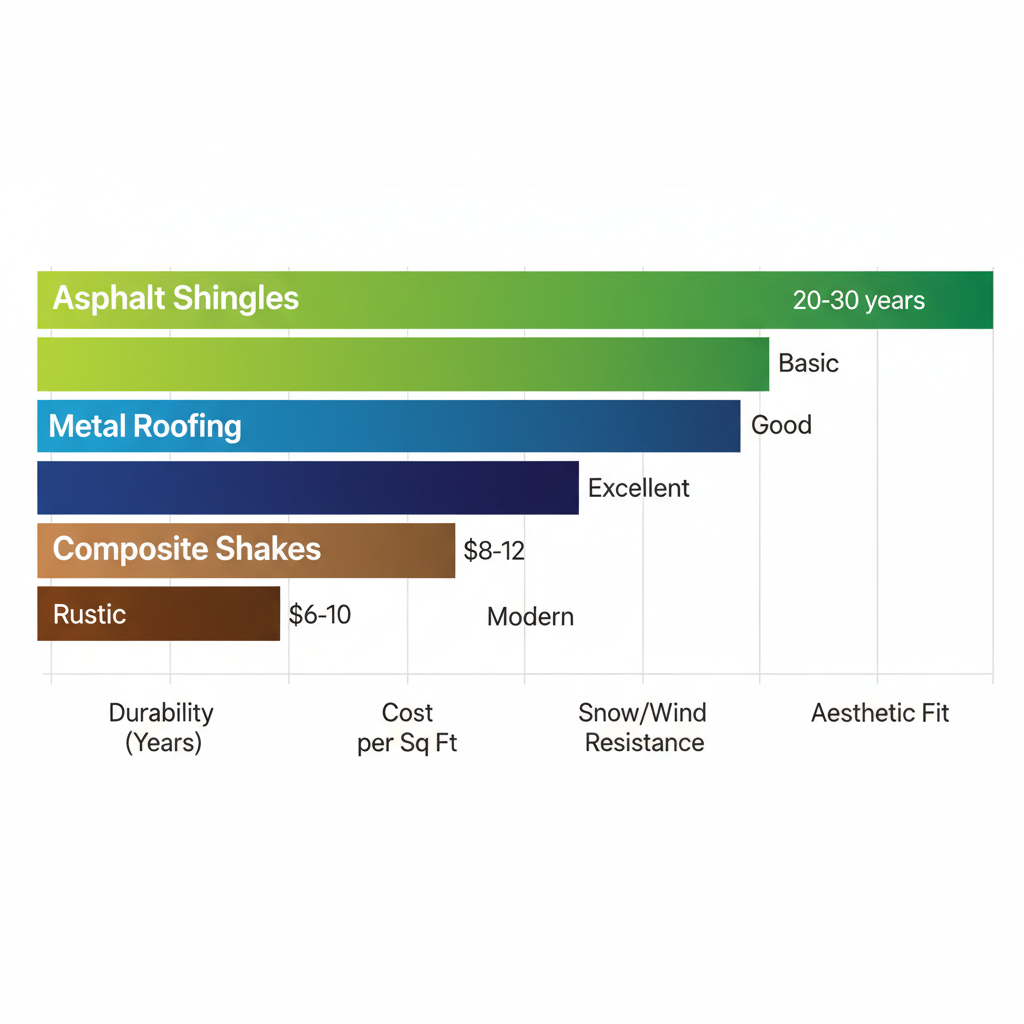 Horizontal bar chart comparing durability, cost, snow and wind resistance, and aesthetic fit of asphalt shingles, metal roofing, and composite shakes for Park City homes.