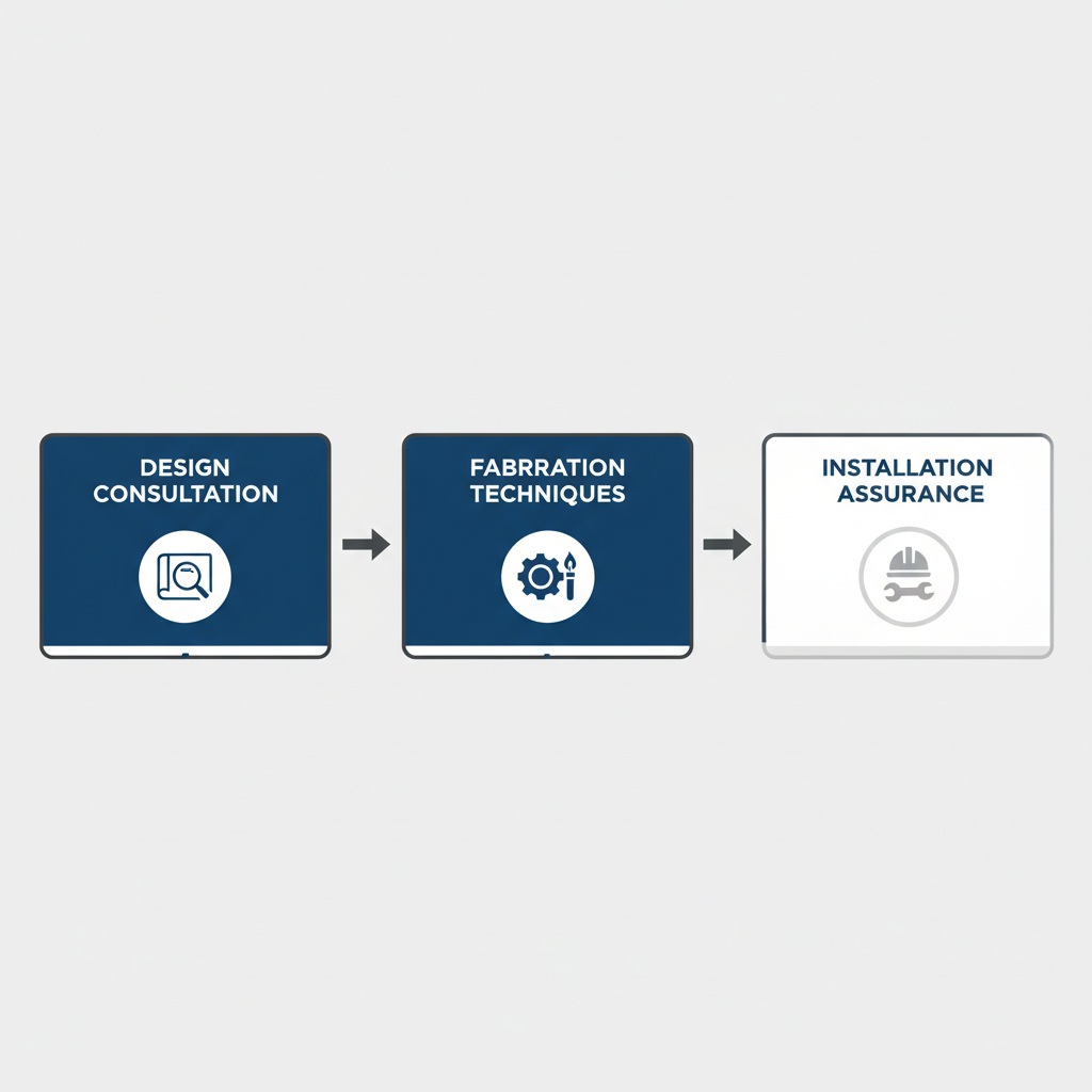 Horizontal process flow diagram illustrating the three key stages of custom metal fabrication: design consultation, fabrication techniques, and installation assurance.