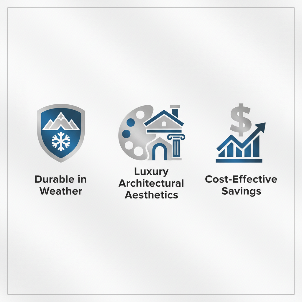 Three flat icons depicting durability shield with snowflake, aesthetic palette with architecture, and dollar sign with downward arrow, illustrating benefits of custom metal fabrication.