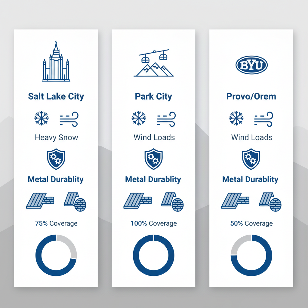Infographic comparing roofing climate challenges and metal solutions across Salt Lake City, Park City, and Provo/Orem for Utah property managers.