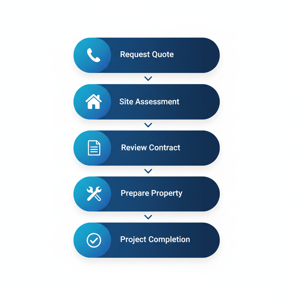Vertical process flow diagram illustrating five steps to engage Viotell roofing services: request quote, site assessment in Salt Lake City, review contract and warranties, prepare property, and project completion with maintenance.