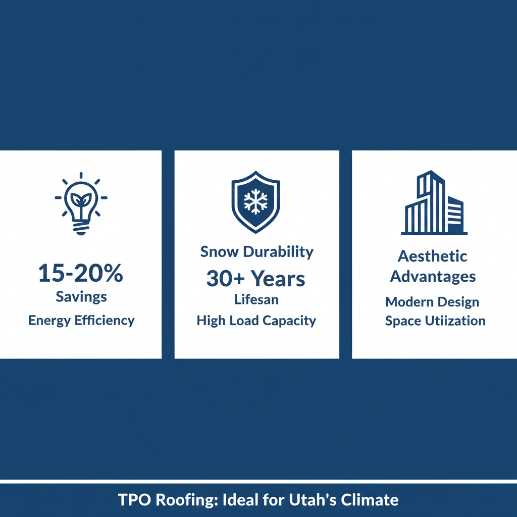 Infographic showing energy efficiency, snow durability, and aesthetic benefits of flat roof systems in Utah with icons and stats