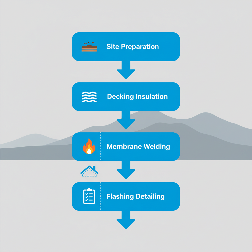 Vertical process flow diagram showing five steps of flat roof installation in Utah's climate: site preparation, decking and insulation, membrane application, flashing, and testing.