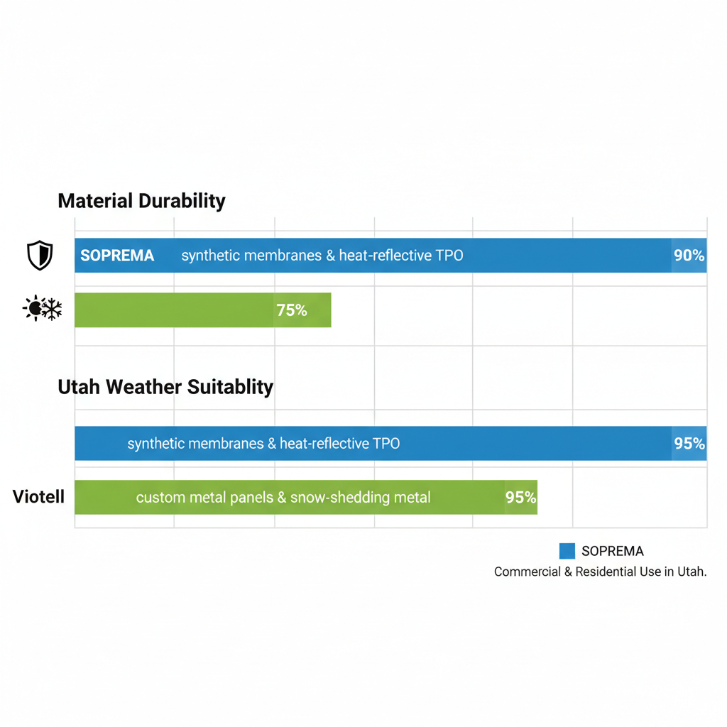 Horizontal bar chart comparing material durability and Utah weather suitability of SOPREMA synthetic roofing and Viotell metal roofing alternatives.
