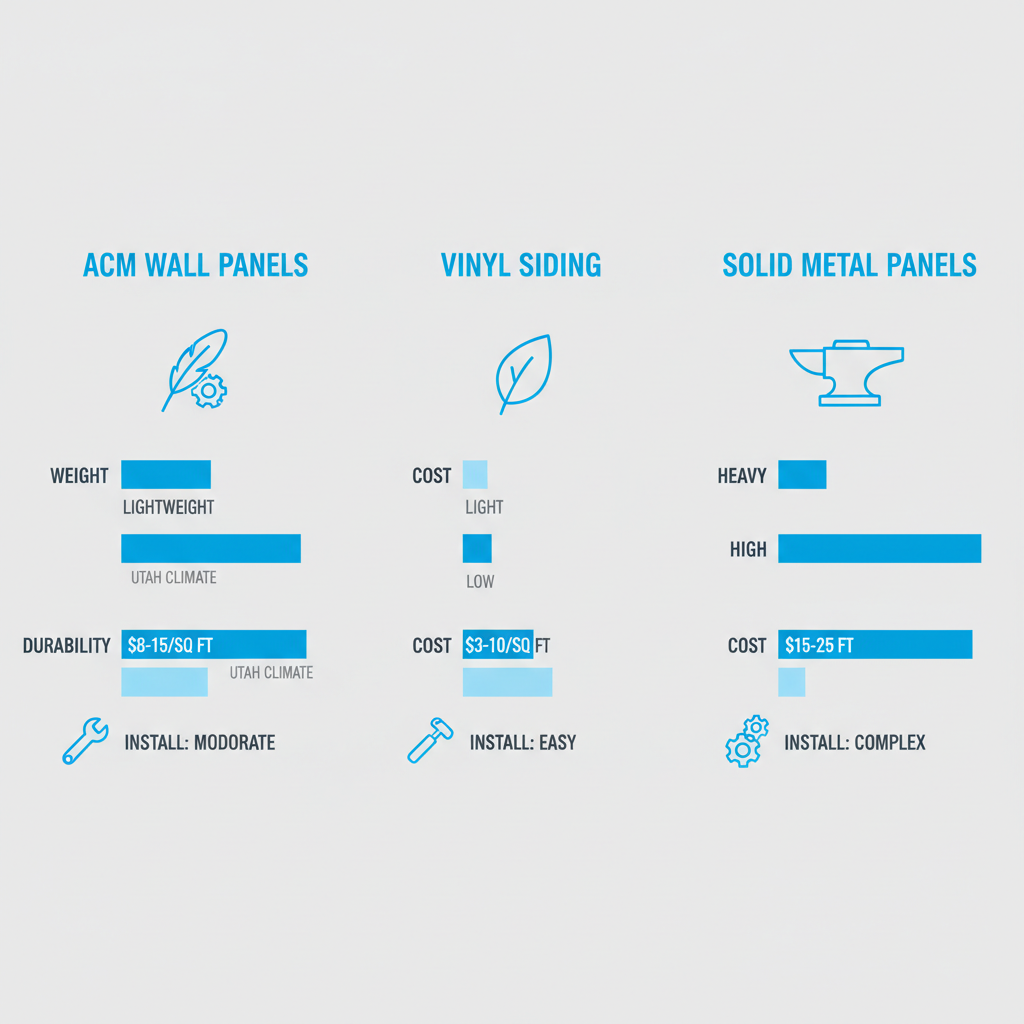 Infographic comparison of ACM wall panels, vinyl siding, and solid metal for Utah homes showing costs, durability, and installation.