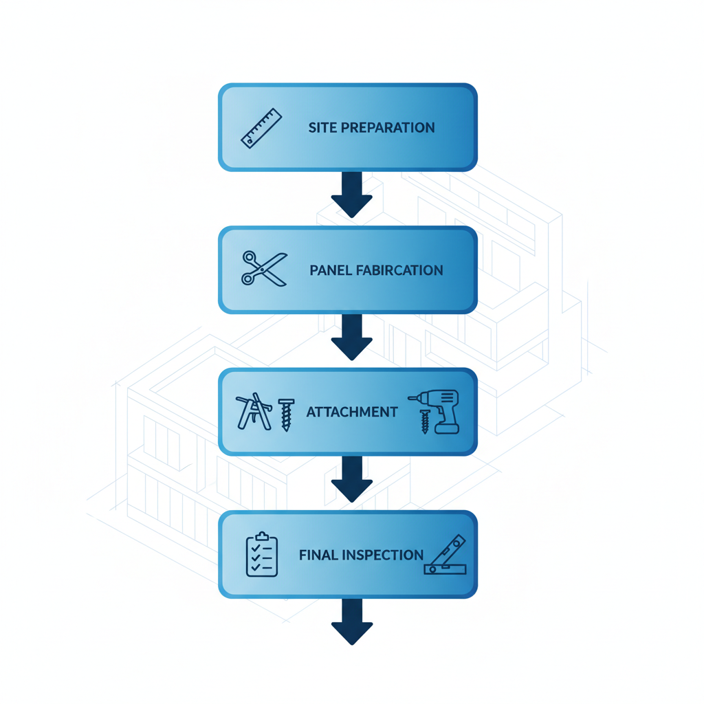 Vertical process flow diagram illustrating the five key stages of ACM wall panel installation for Utah buildings, featuring icons and minimal labels.