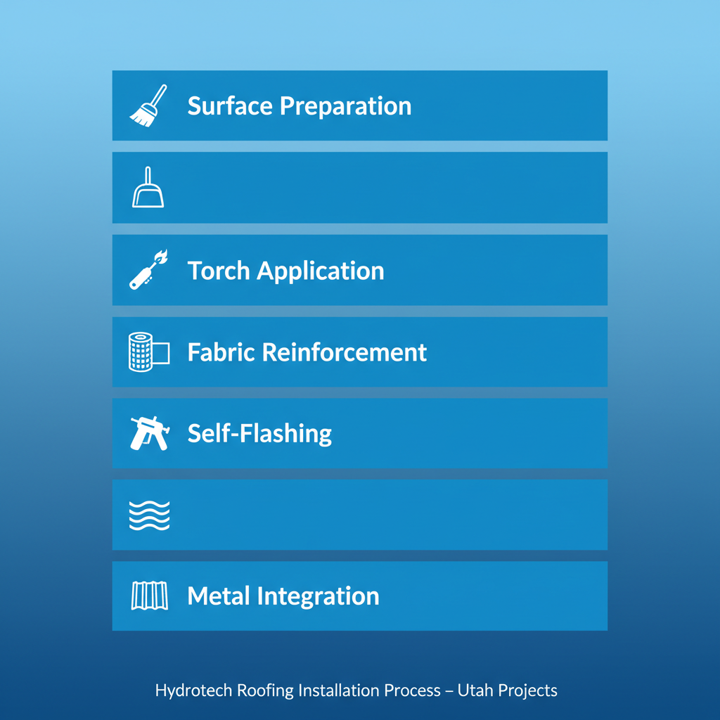 Vertical process flow illustrating Hydrotech roofing installation stages with icons