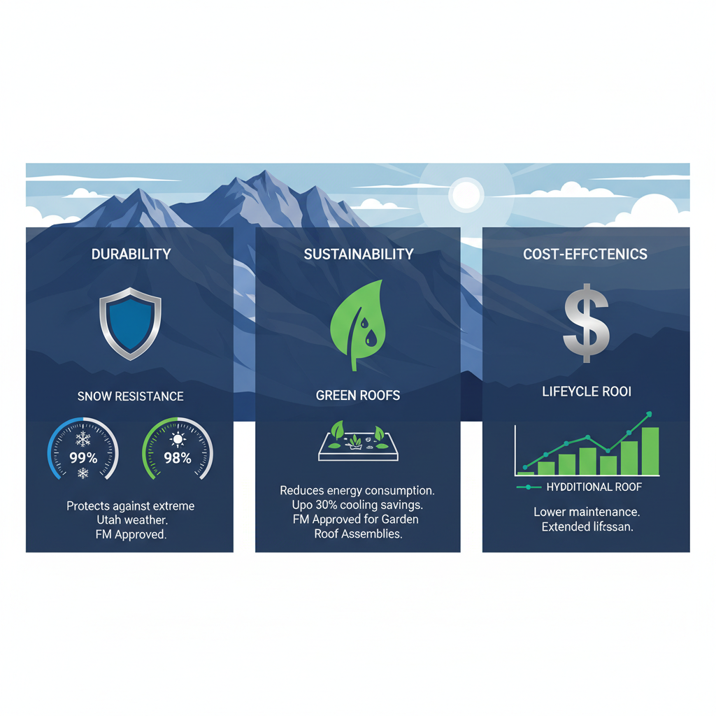 Infographic illustrating three key benefits of Hydrotech roofing in Utah's climate: durability, sustainability, and cost-effectiveness.