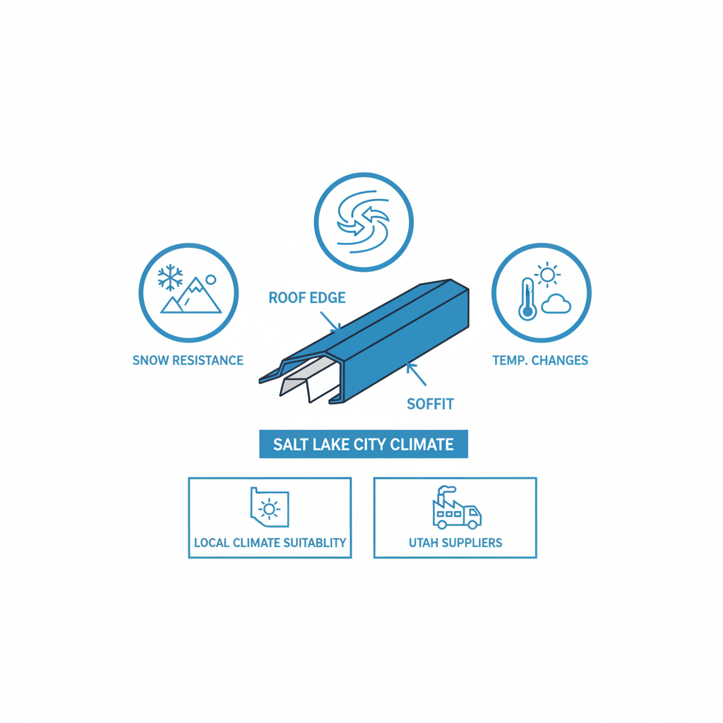 Infographic diagram of ACM fascia panel composition, weather resistance features, and applications for Utah roofing in Salt Lake City climate