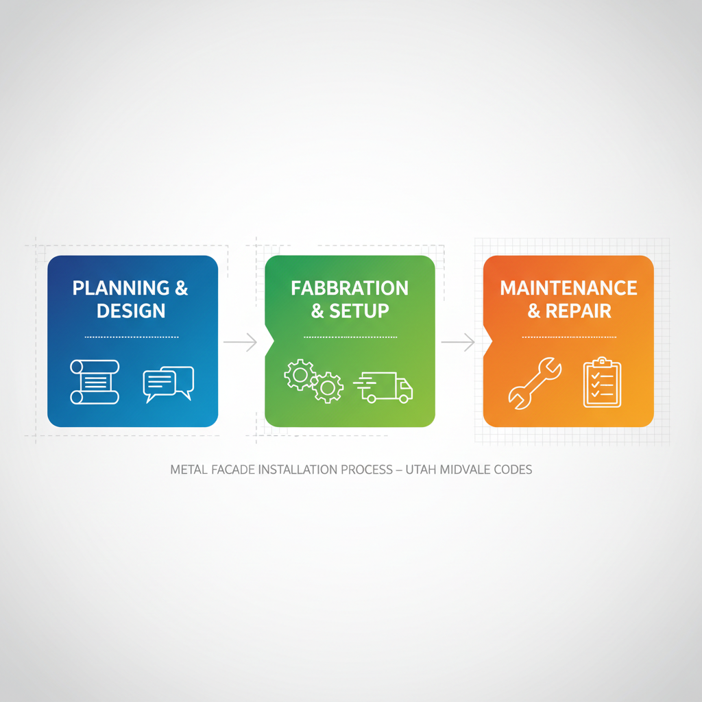 Horizontal process flow diagram illustrating the three stages of metal facade installation in Utah: planning and design, fabrication and setup, maintenance and repair.