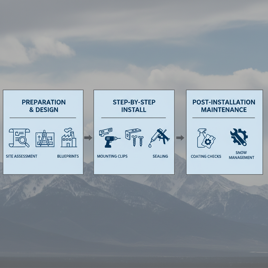 Horizontal process flow diagram illustrating three stages of architectural metal wall panel installation: preparation and design, step-by-step installation, and post-installation maintenance, with icons and Utah mountain background.
