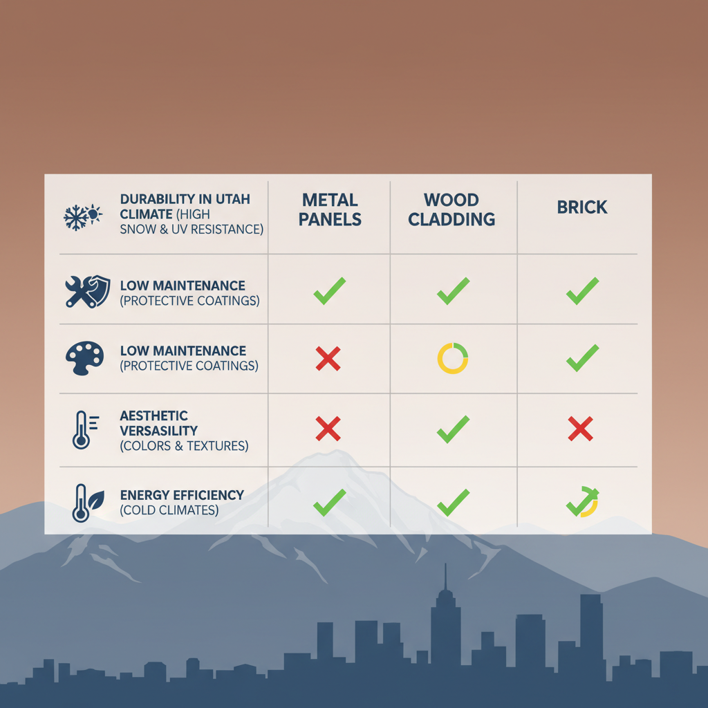 Infographic comparing architectural metal wall panels to vinyl siding, wood cladding, and brick in Utah's climate, highlighting durability, maintenance, aesthetics, and energy efficiency advantages.