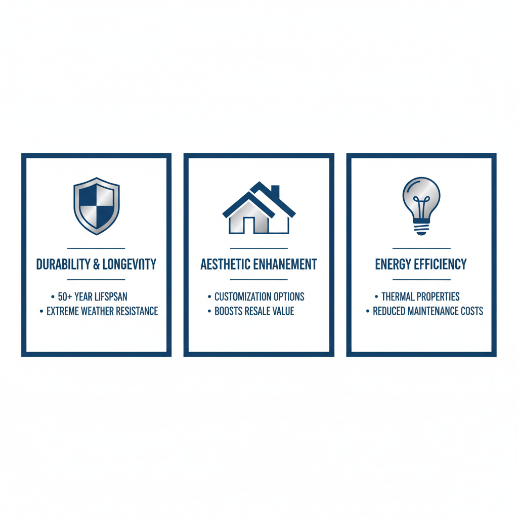 Infographic showing three key benefits of custom luxury roofs: durability, aesthetics, and energy efficiency in Utah.