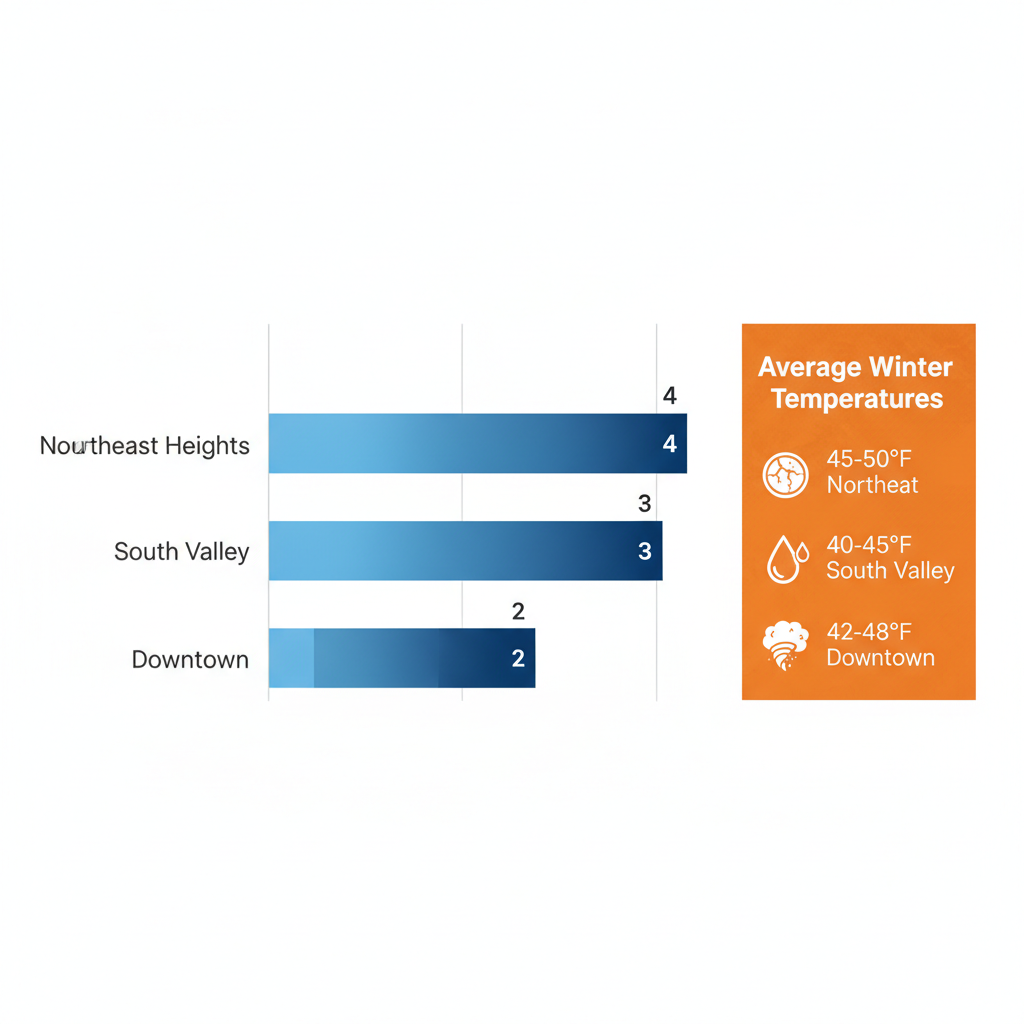Horizontal bar chart of furnace repair frequencies in Albuquerque neighborhoods including Northeast Heights, South Valley, and Downtown, with temperature icons and common issues.