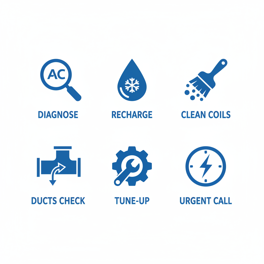 Grid of six flat blue icons illustrating AC and HVAC services including diagnostics, recharge, cleaning, inspection, tune-up, and emergency response