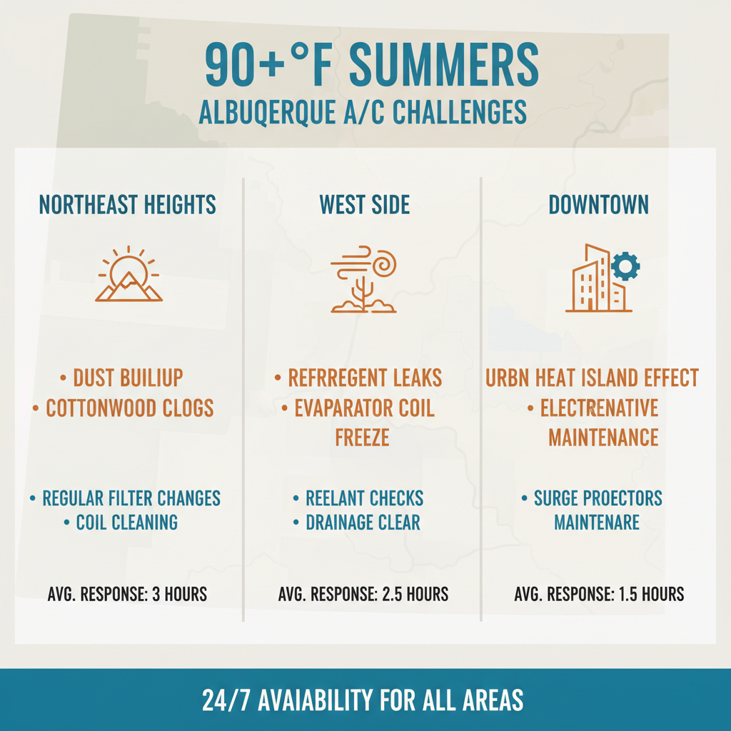 Infographic showing AC challenges and tips for Albuquerque neighborhoods: Northeast Heights, West Side, and Downtown.