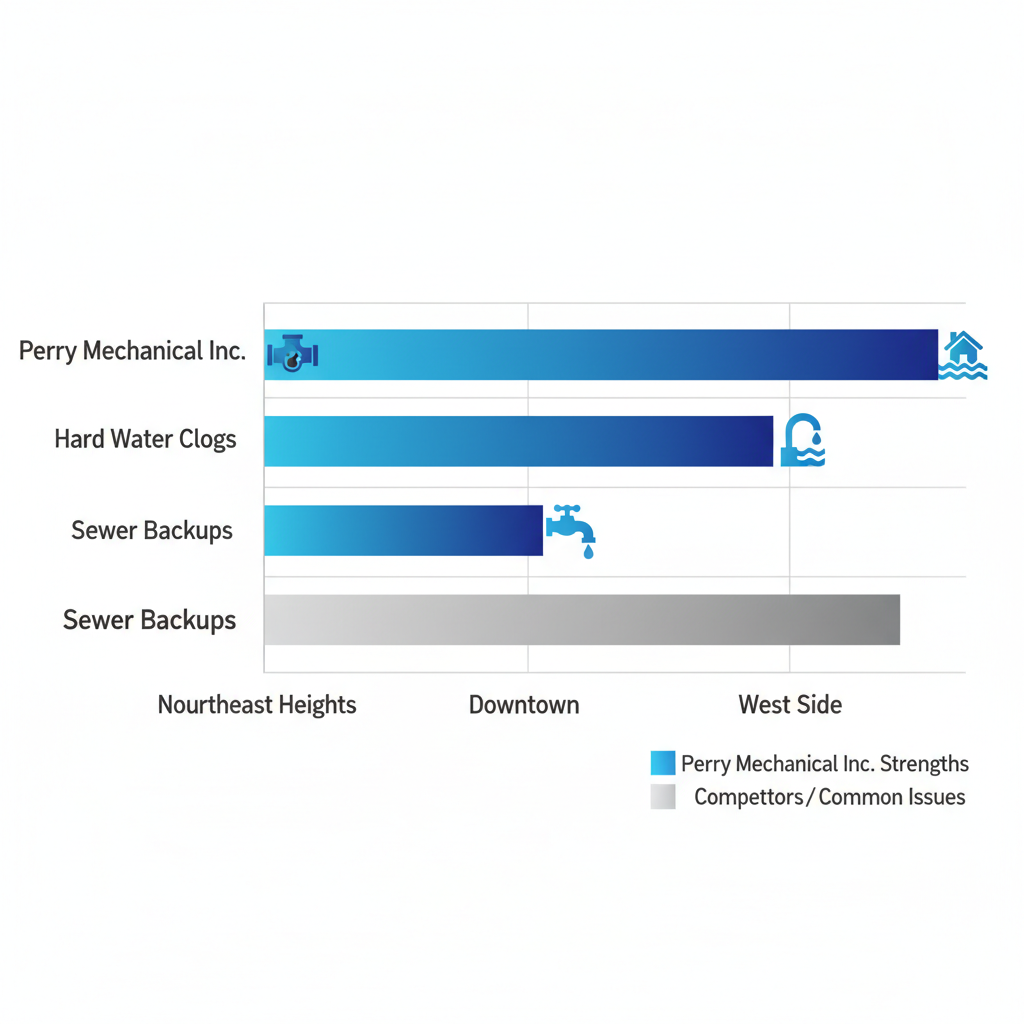 Horizontal bar chart comparing plumbing response times and common issues in Albuquerque's Northeast Heights, Downtown, and West Side neighborhoods for Perry Mechanical Inc. versus competitors, with issue icons.