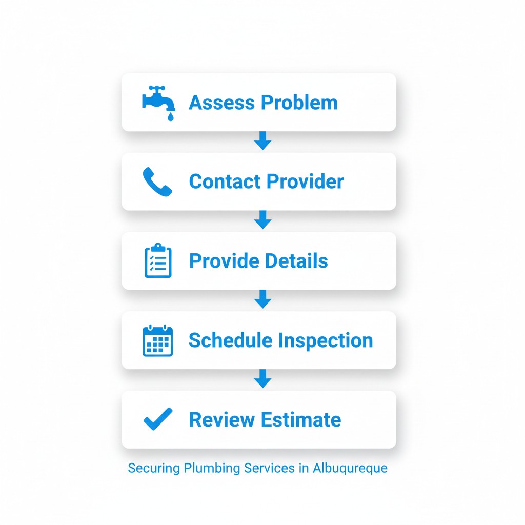 Vertical diagram illustrating five steps to secure plumbing services in Albuquerque, from assessing the problem to reviewing the estimate.