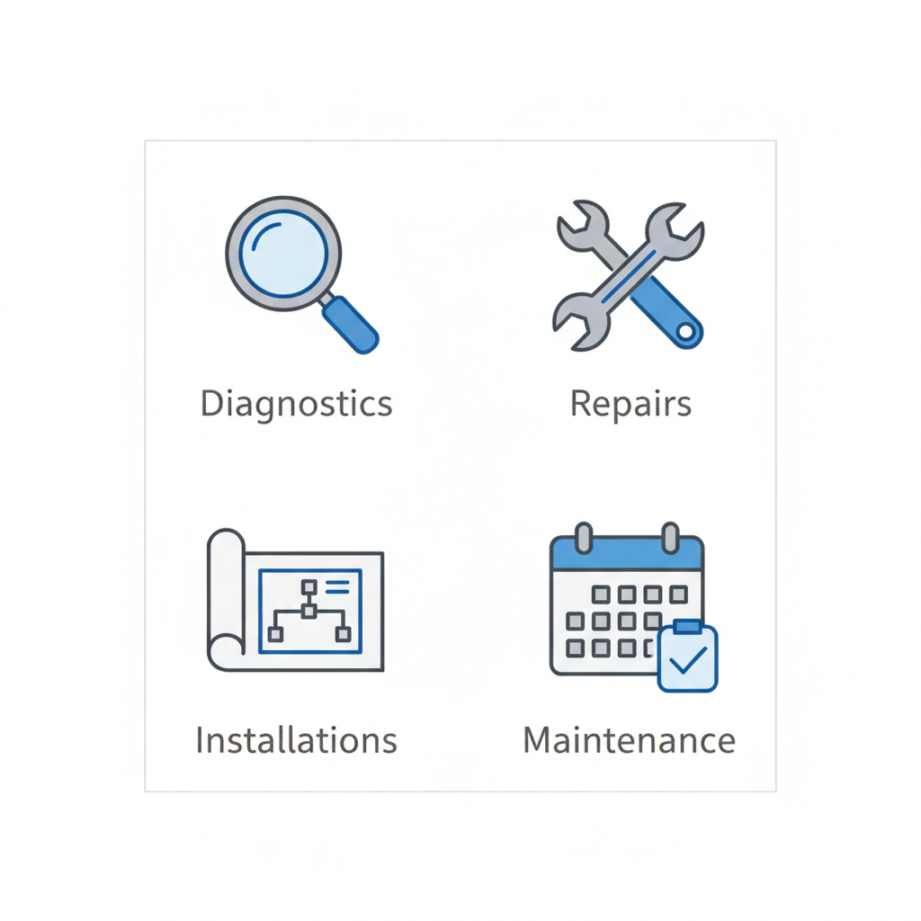 Grid of four icons representing HVAC diagnostics, repairs, installations, and maintenance services.