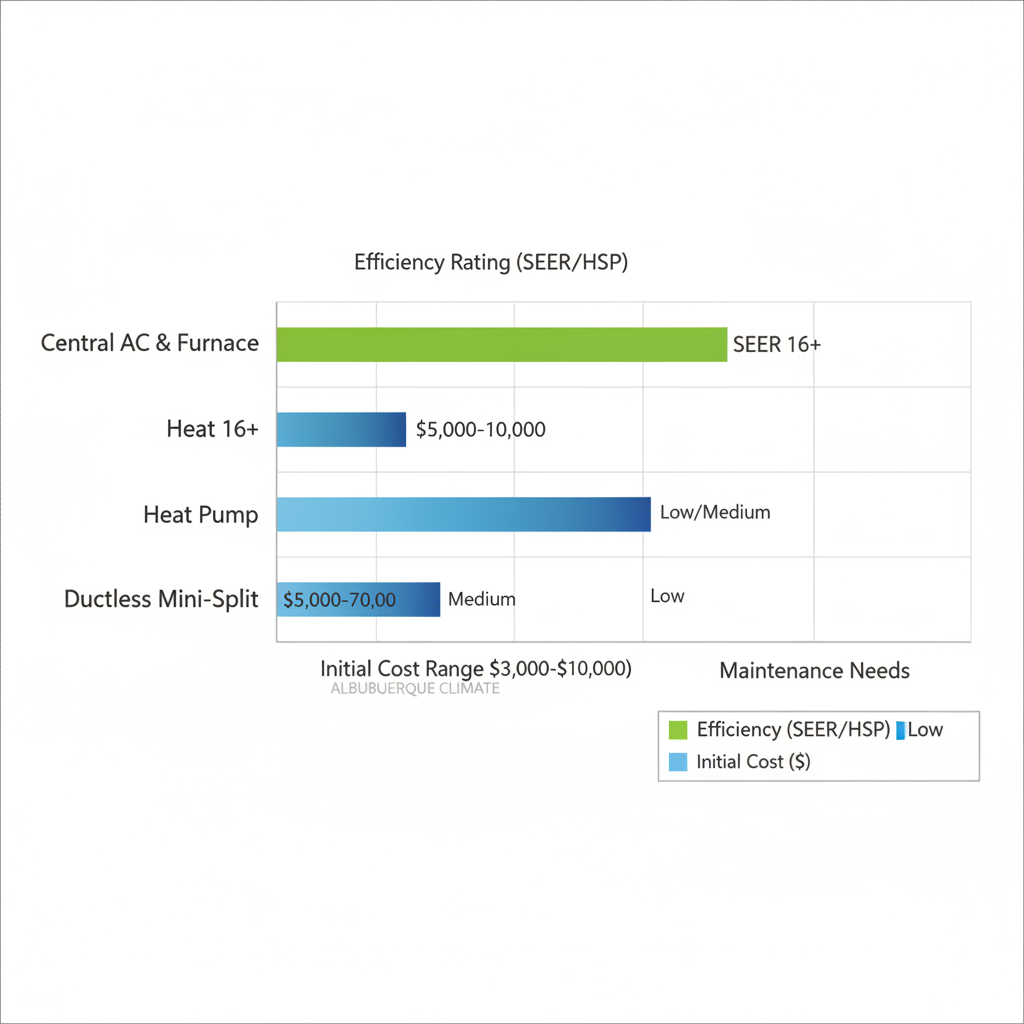 Horizontal bar chart comparing efficiency, costs, and maintenance for Central AC & Furnace, Heat Pump, and Ductless Mini-Split HVAC systems in Albuquerque