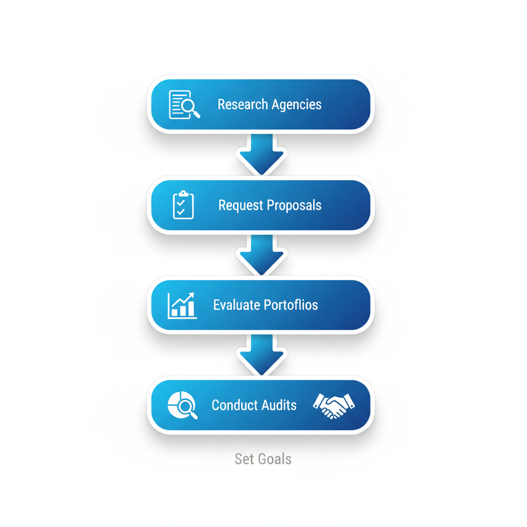 Vertical process flow diagram showing five steps to partner with a digital marketing agency in Melbourne, with icons and brief labels.
