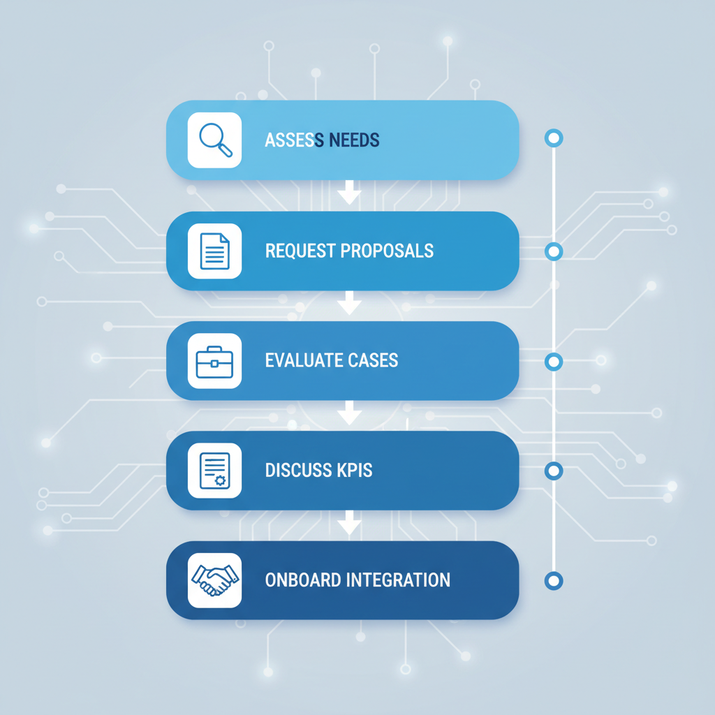Vertical process flow diagram showing five steps to engage a digital marketing agency in Sydney with icons and minimal labels.