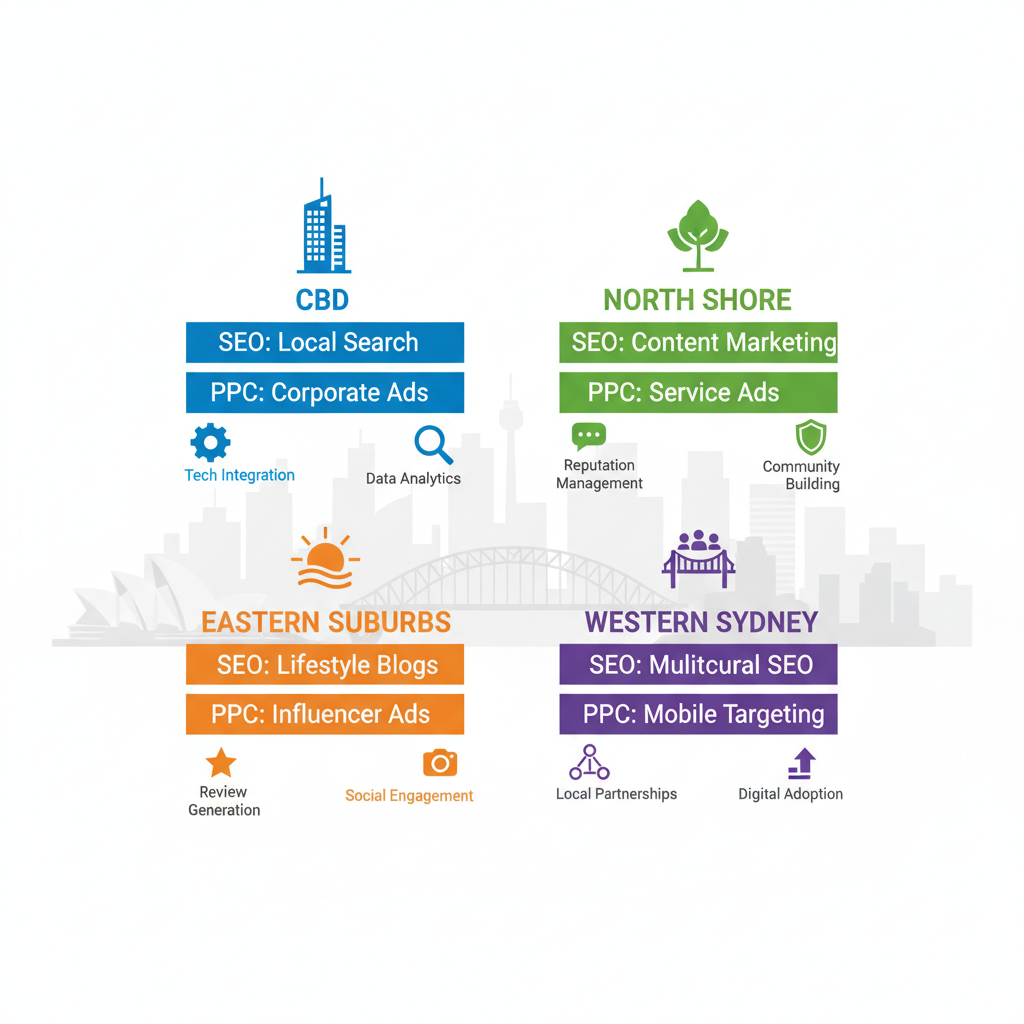 Infographic illustrating digital marketing priorities and opportunities in Sydney's CBD, North Shore, Eastern Suburbs, and Western Sydney.
