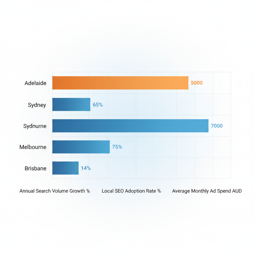 Horizontal bar chart comparing digital marketing metrics including search volume growth, local SEO adoption, and ad spend across Adelaide, Sydney, Melbourne, and Brisbane.