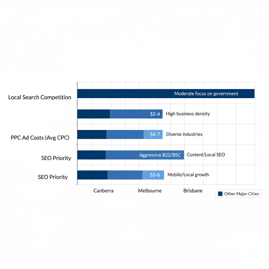 Horizontal bar chart comparing digital marketing aspects like competition, PPC costs, and SEO priority across Australian cities with Canberra highlighted.