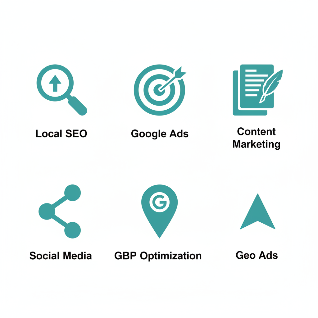 Grid of icons depicting key digital marketing services including SEO, PPC, and social media in Canberra