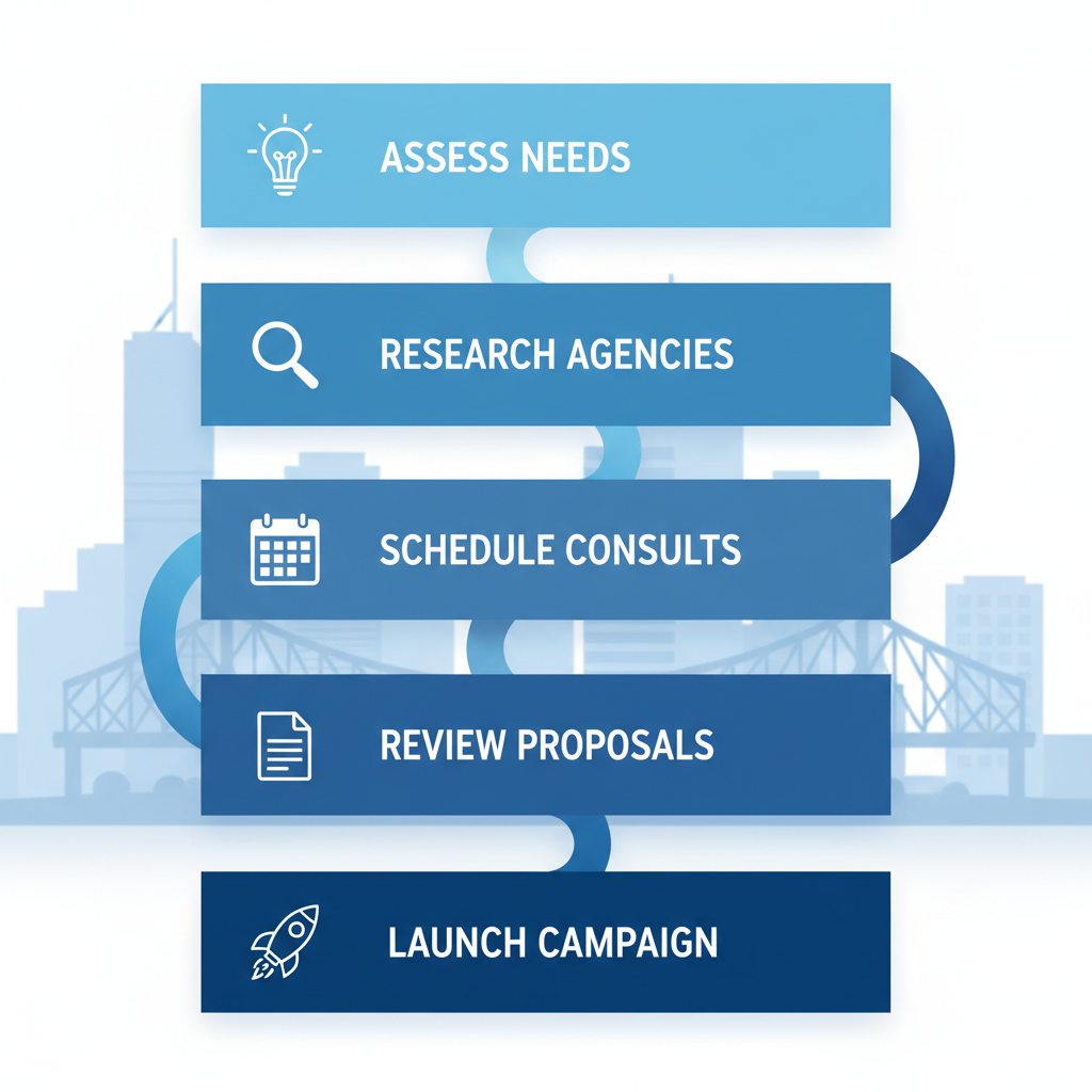 Vertical process flow diagram illustrating five steps to engage a digital marketing agency in Brisbane, featuring icons and connecting arrows with subtle city skyline background.