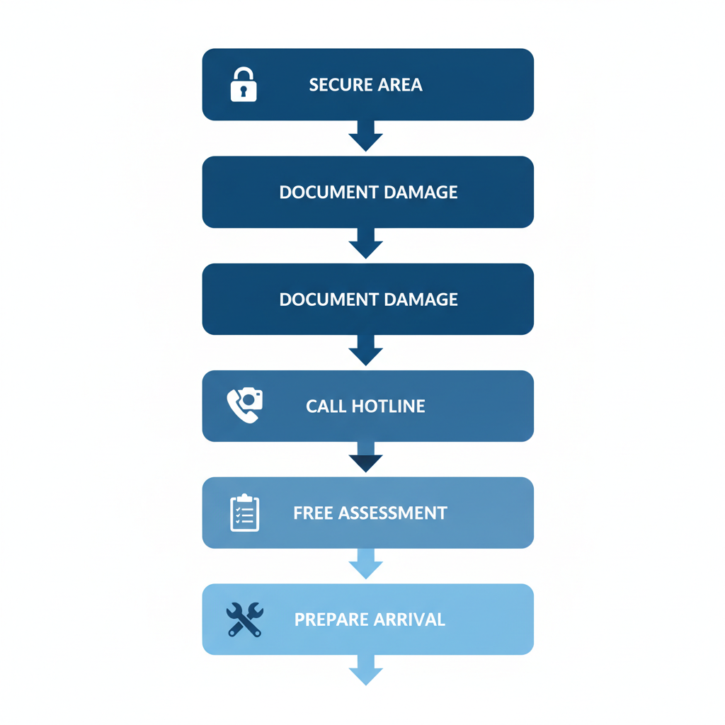 Vertical process flow diagram showing five steps for initial water damage restoration: securing area, documenting damage, calling hotline, free assessment, and preparing for arrival.