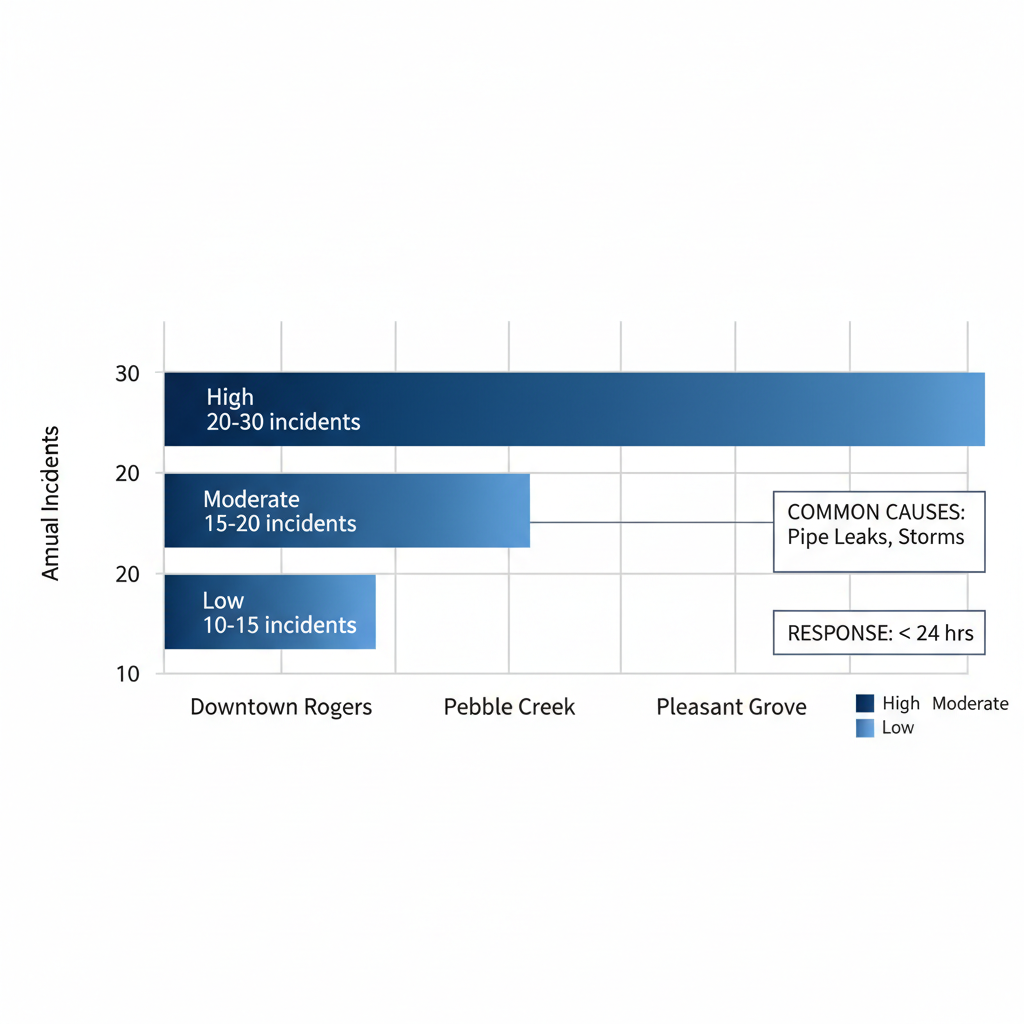 Horizontal bar chart showing water damage incidents in Rogers neighborhoods including Downtown Rogers, Pebble Creek, and Pleasant Grove, with bars in blue gradient and annotations for causes and response times.