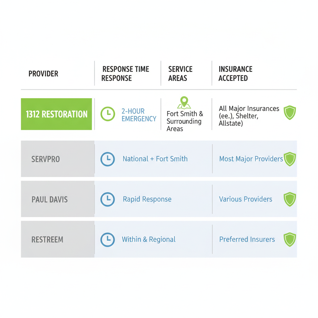 Comparison infographic of fire restoration providers in Fort Smith highlighting 1312 Restoration's advantages